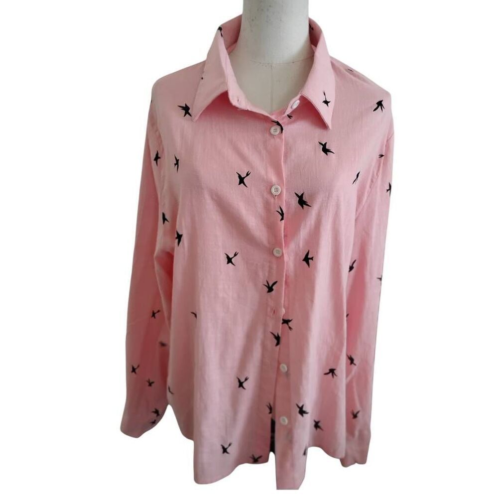 Pink Plus Size Embroidered Birds Lightweight‎ Blouse Size 3X